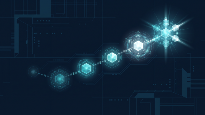 Six connected luminous nodes illustrating progressive AI capabilities